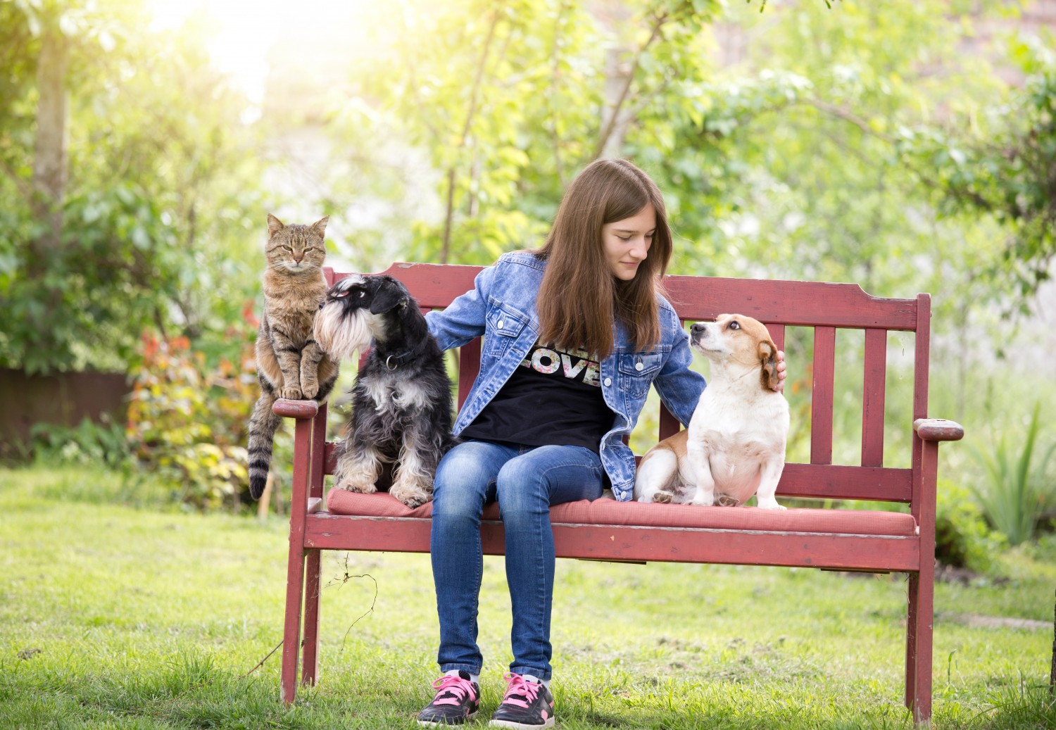 Woman and pets on park bench